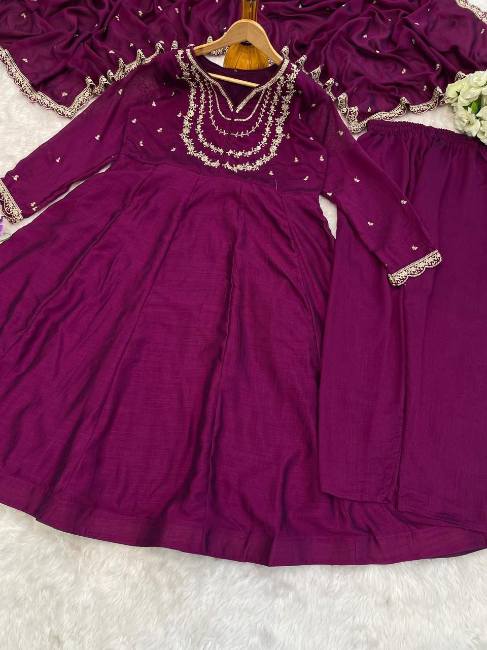 Amazing Purple Vichhitra Silk Embroidery Work Suit Set