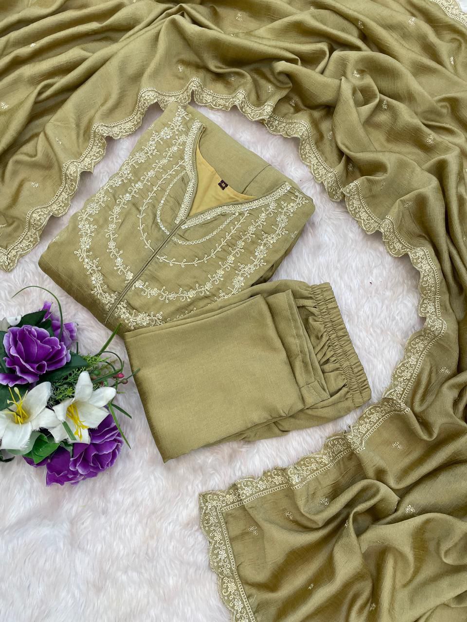 Magnificent Dark Beige Vichhitra Silk Embroidery Work Suit Set