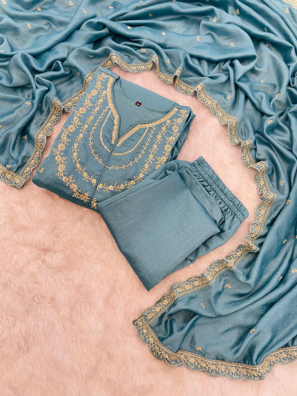 Splendid Grey Vichhitra Silk Embroidery Work Suit Set