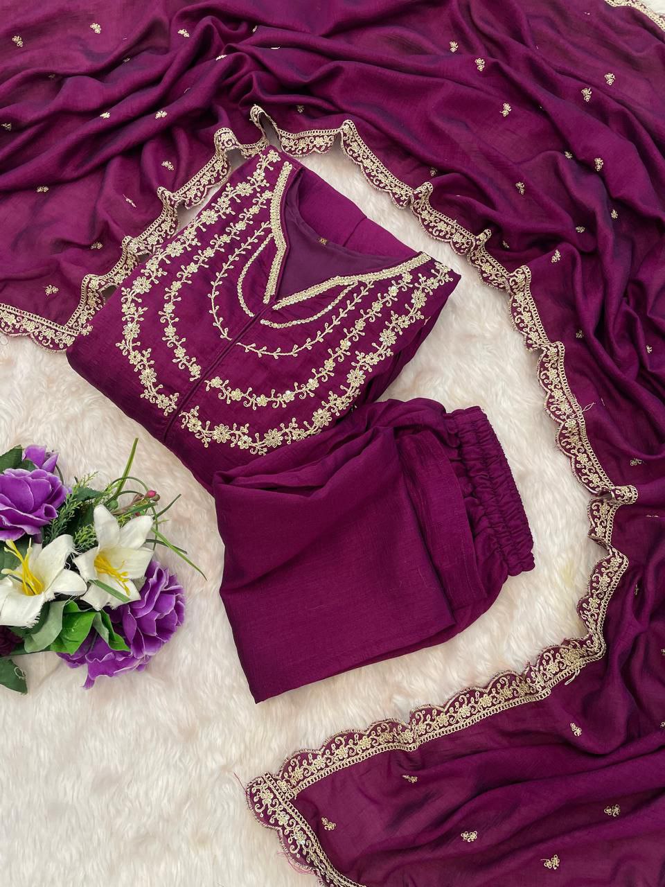 Amazing Purple Vichhitra Silk Embroidery Work Suit Set