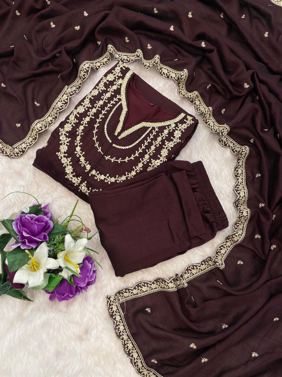 Fabulous Brown Vichhitra Silk Embroidery Work Suit Set