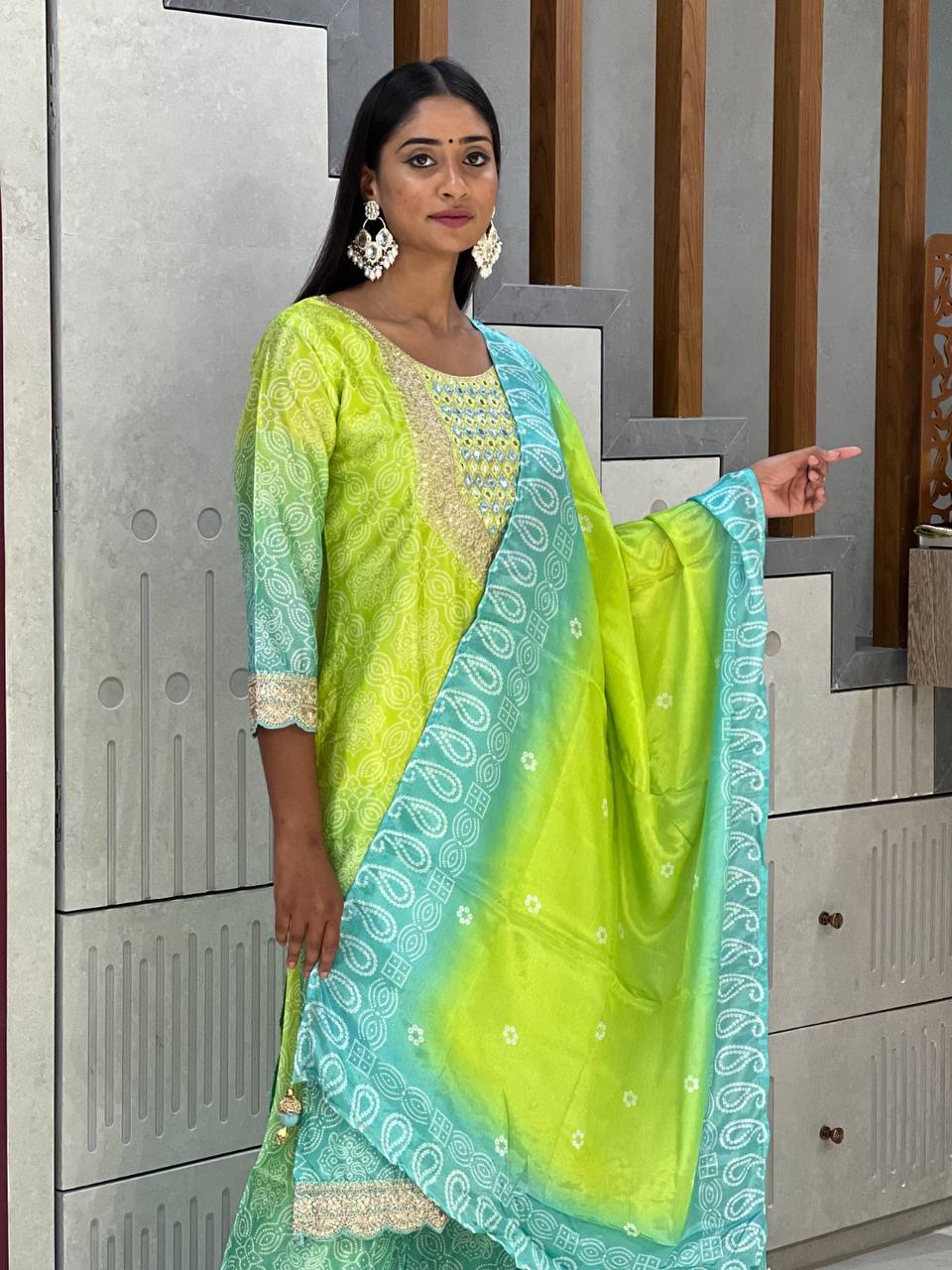 Palimpsest Green And Blue Chinon Embroidery With Bandhani Printed Suit Set