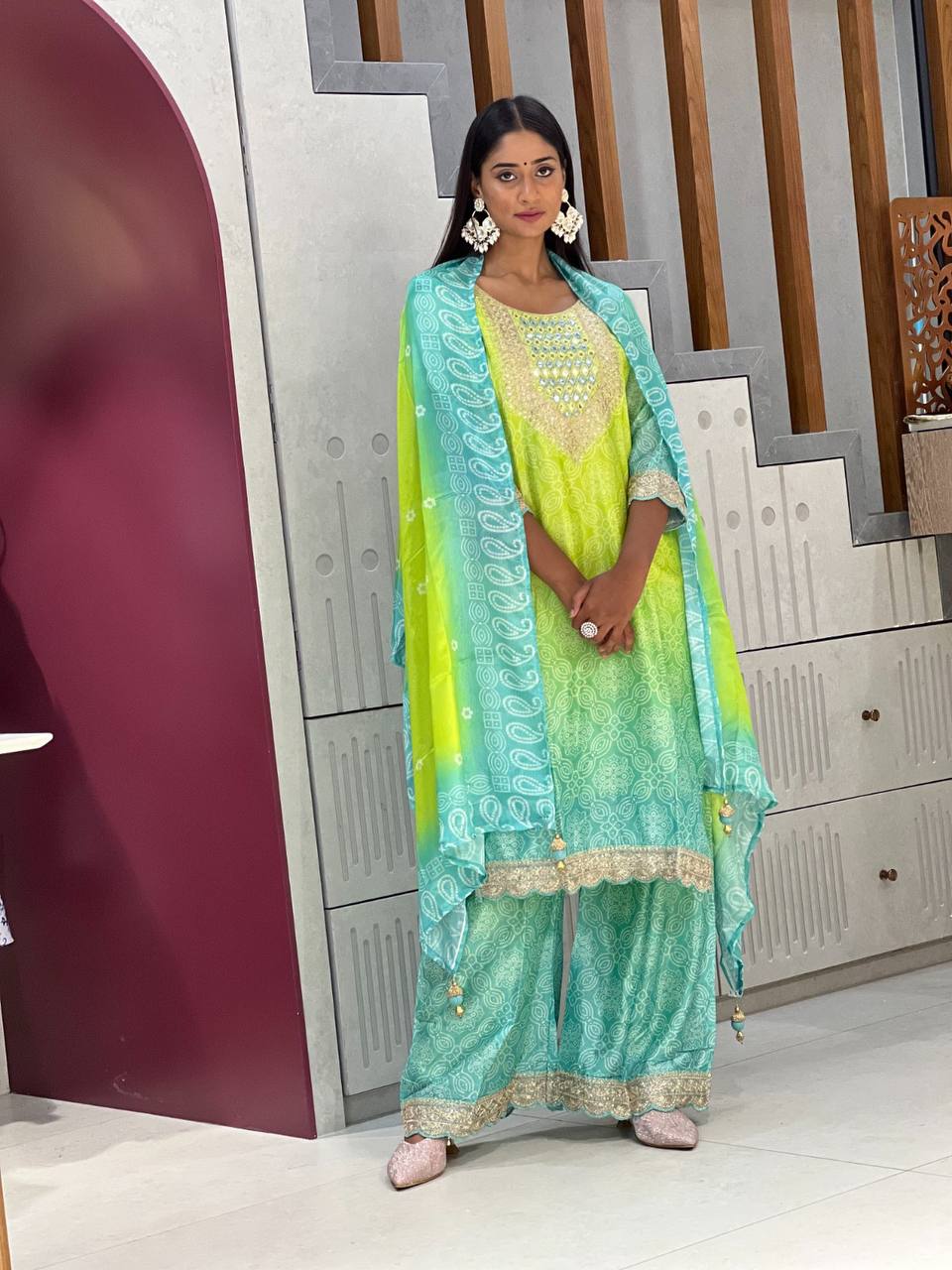 Palimpsest Green And Blue Chinon Embroidery With Bandhani Printed Suit Set