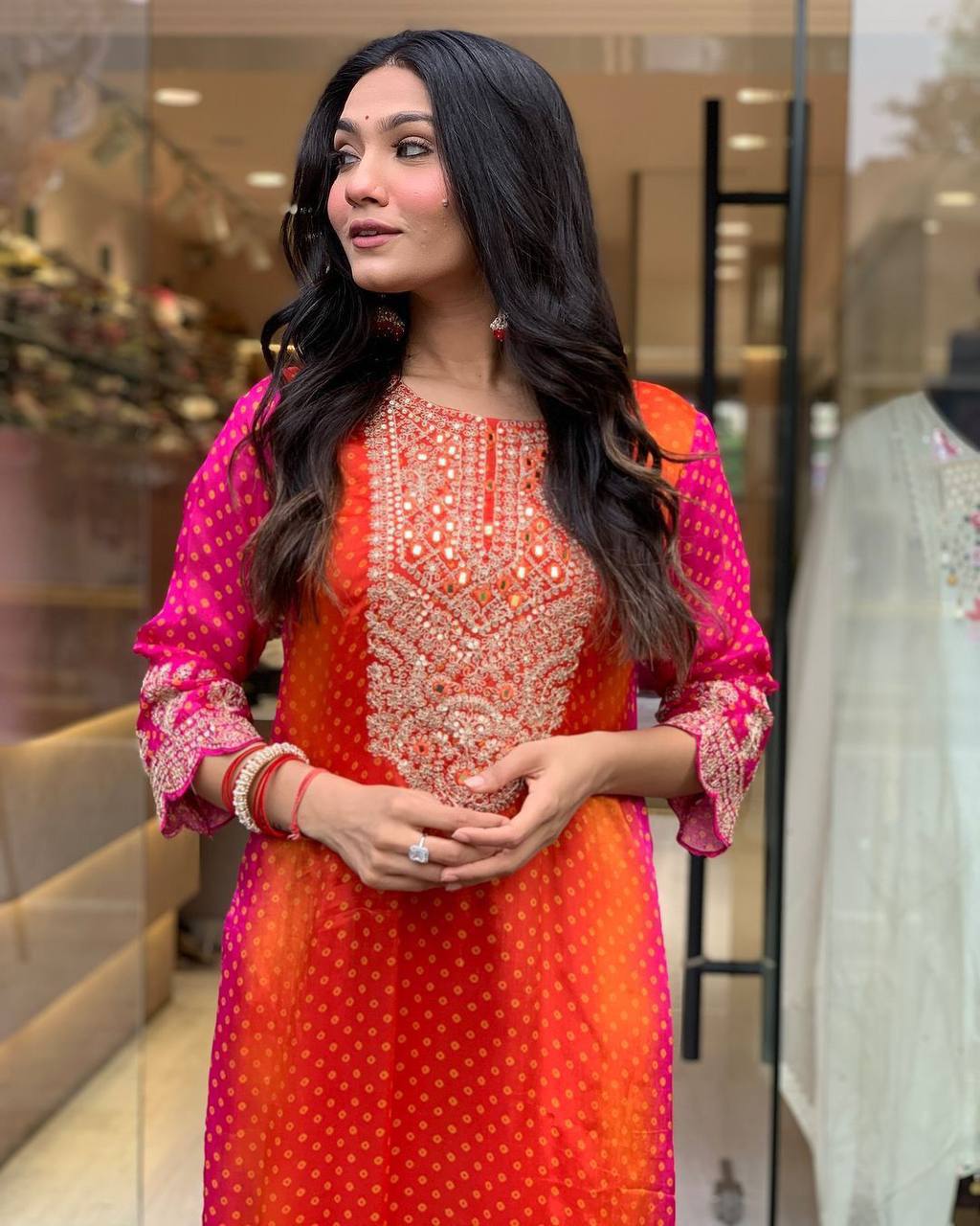 Energetic Orange And Pink Chiffon Embroidered Suit Set