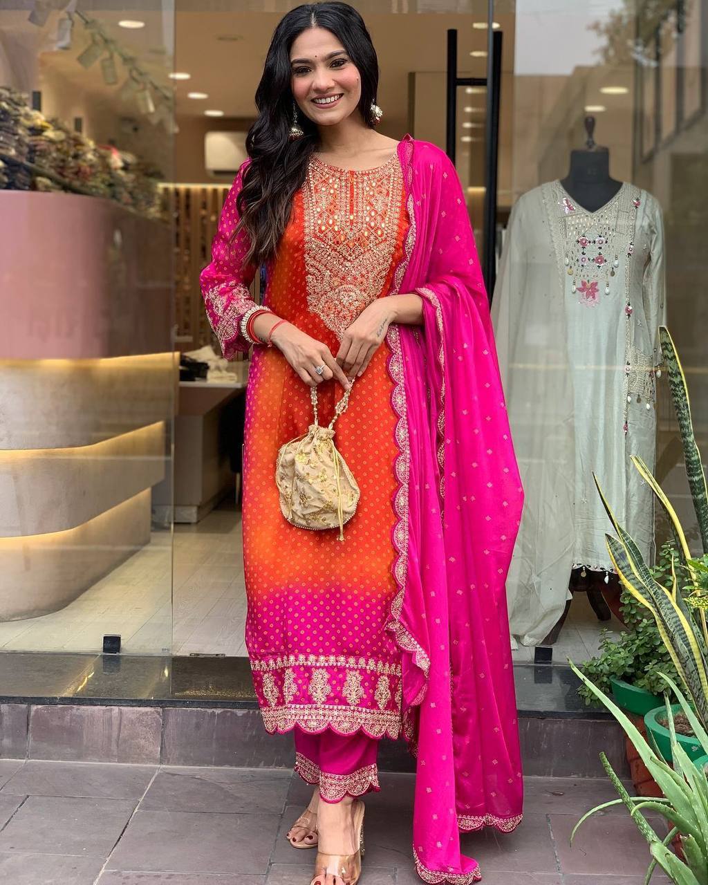 Energetic Orange And Pink Chiffon Embroidered Suit Set