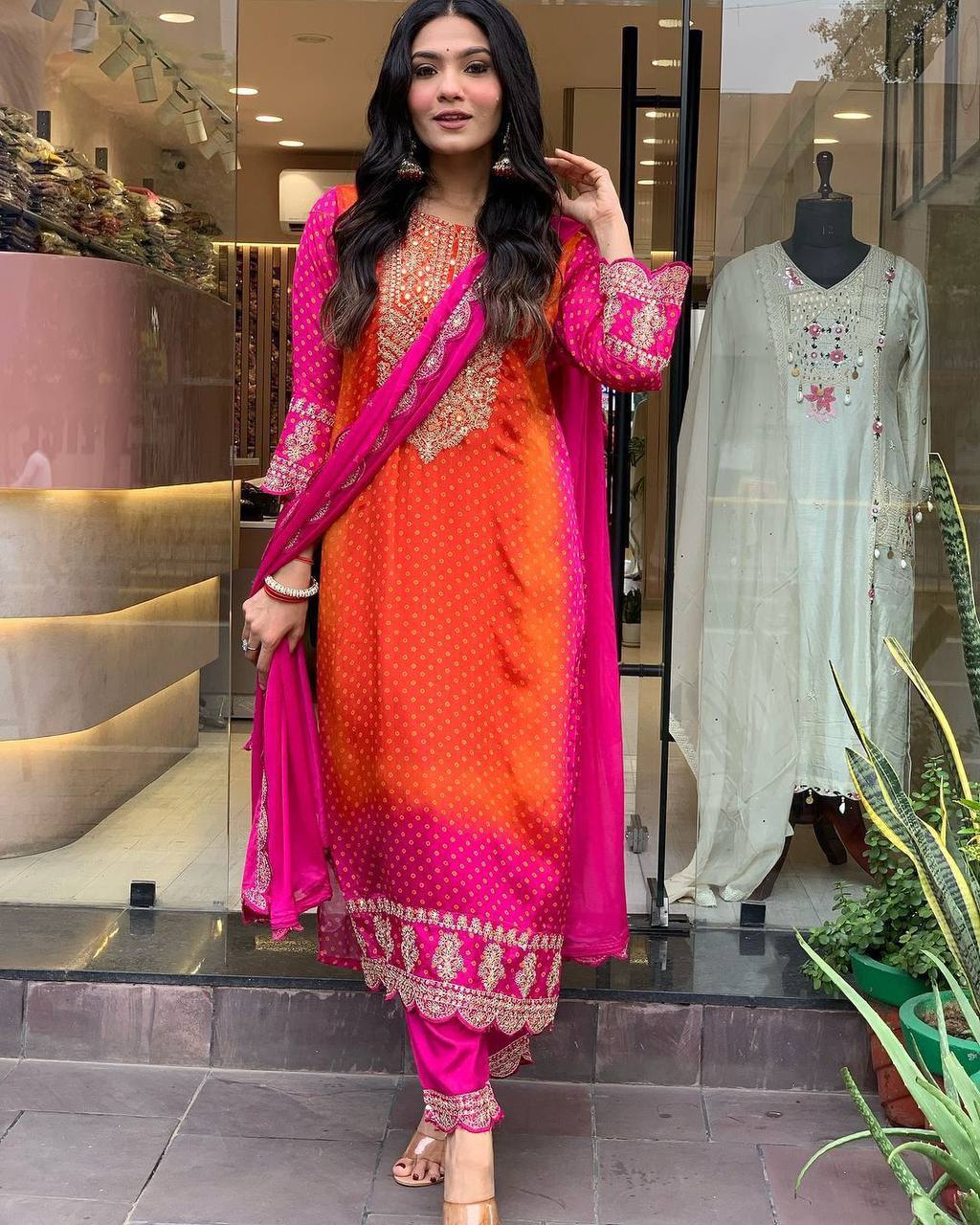 Energetic Orange And Pink Chiffon Embroidered Suit Set