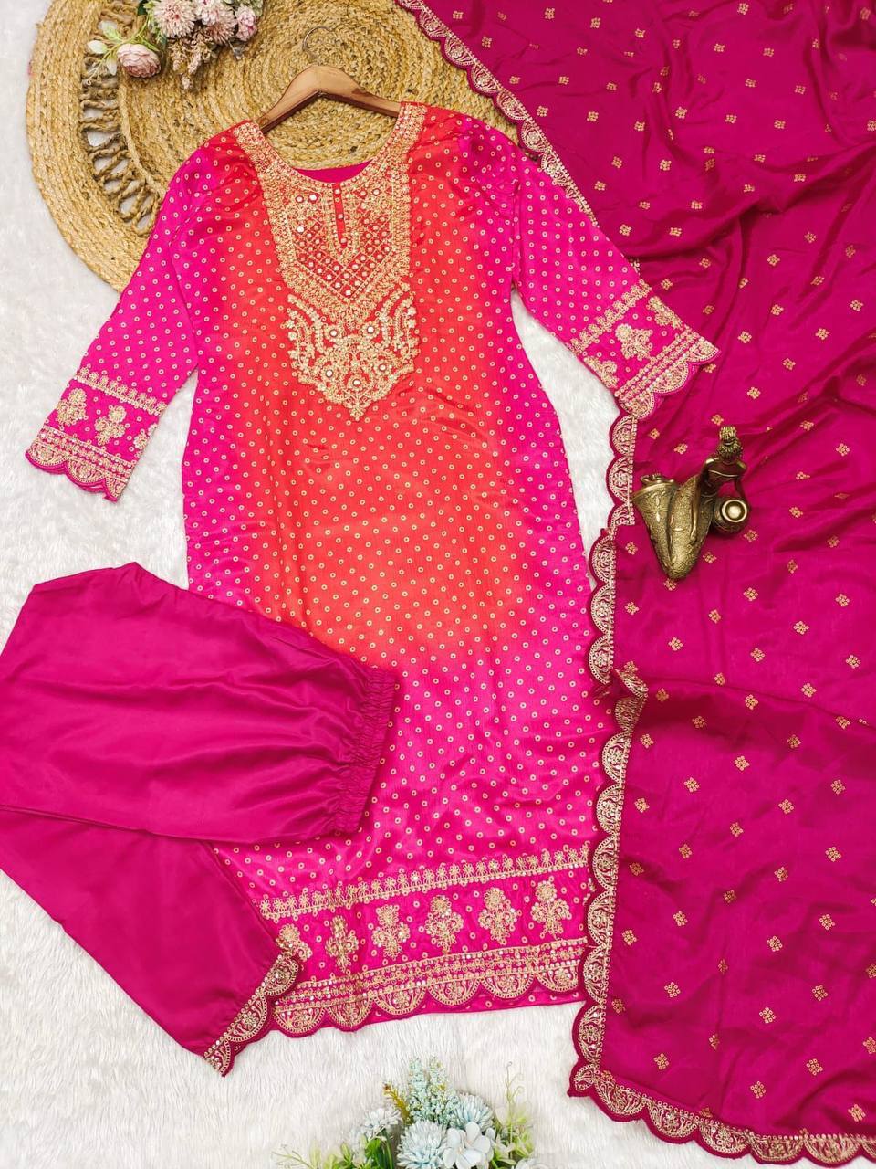 Energetic Orange And Pink Chiffon Embroidered Suit Set