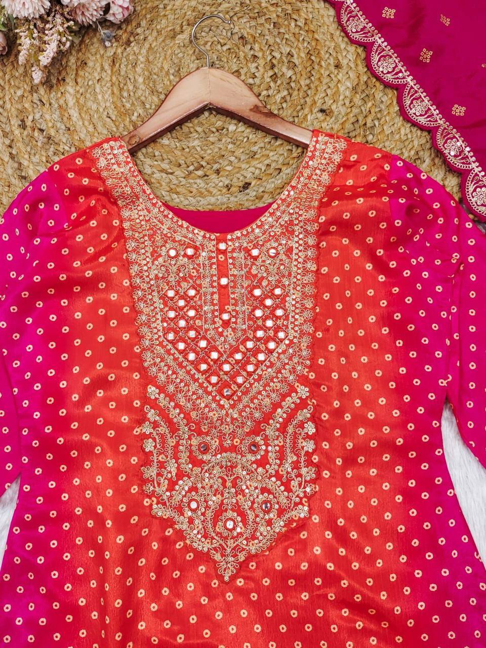Energetic Orange And Pink Chiffon Embroidered Suit Set