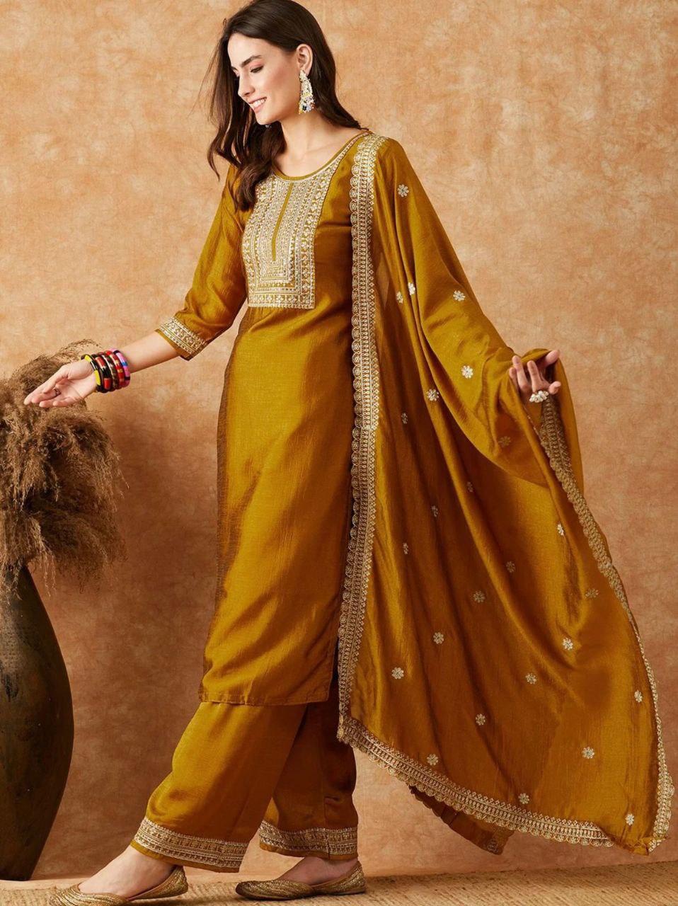 Imbrication Mustard Vichhitra Silk Embroidery Work Suit Set
