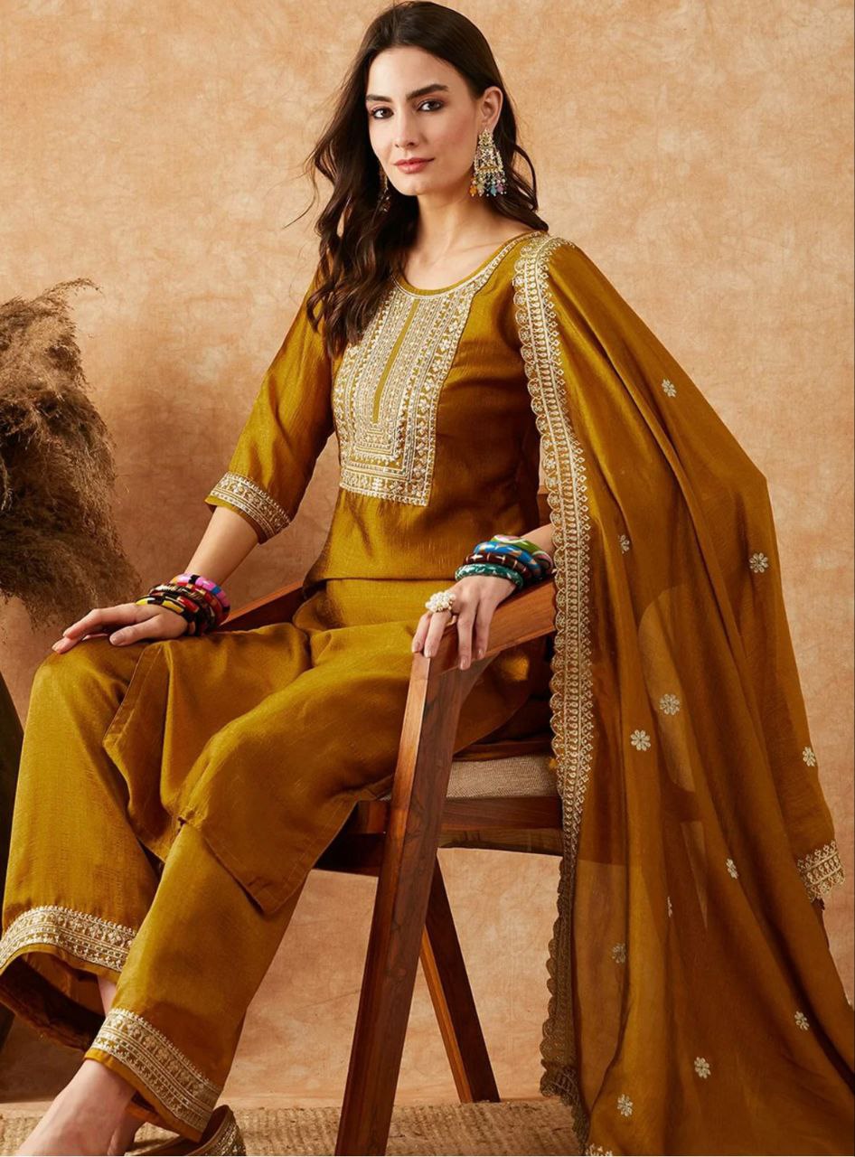 Imbrication Mustard Vichhitra Silk Embroidery Work Suit Set