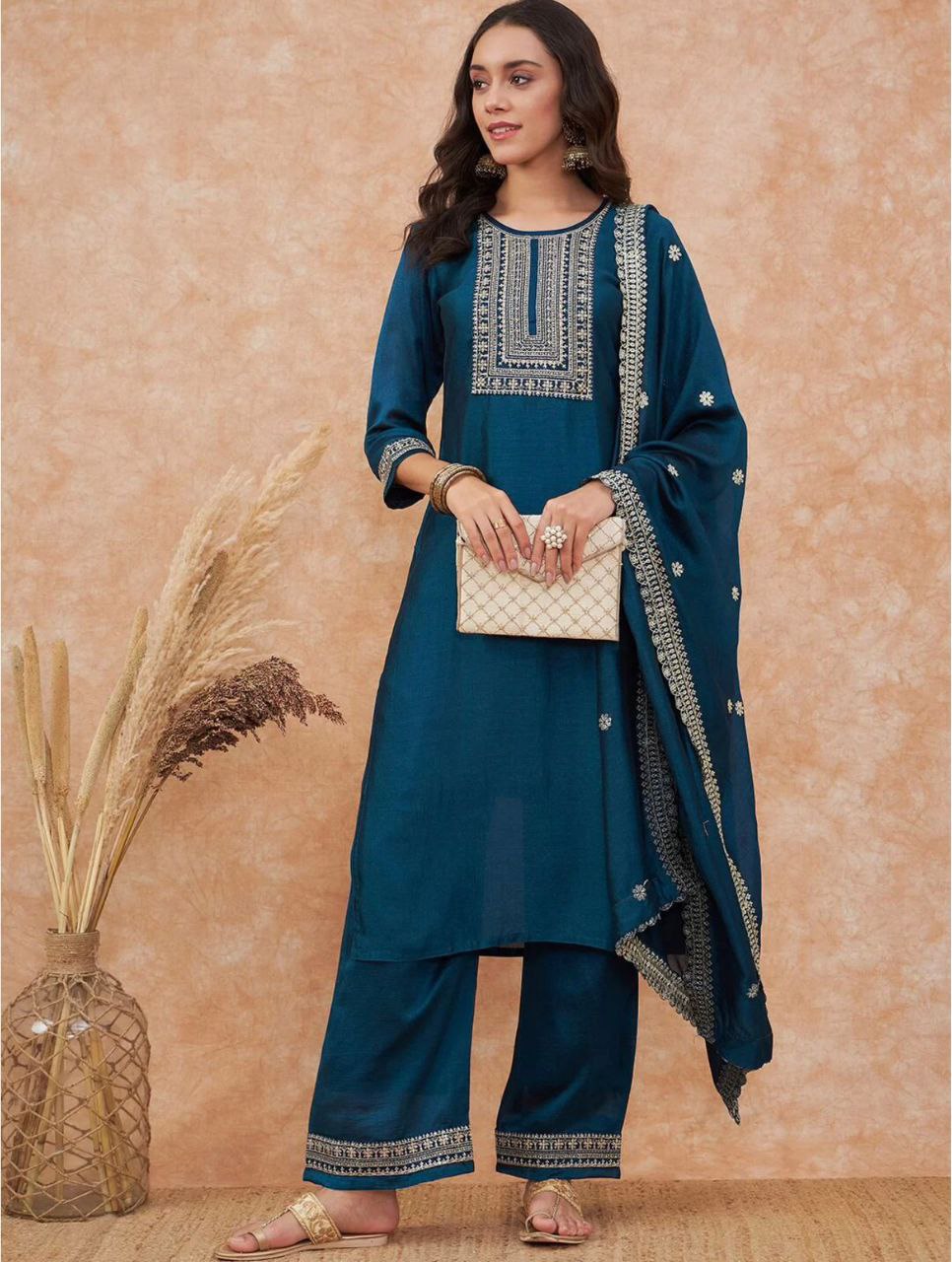 Radiant Navy Blue Vichhitra Silk Embroidery Work Suit Set