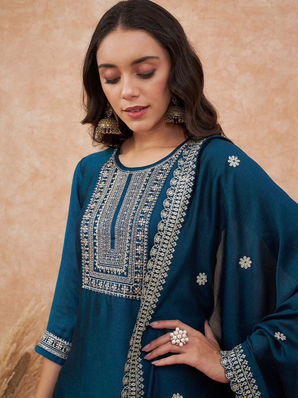 Radiant Navy Blue Vichhitra Silk Embroidery Work Suit Set