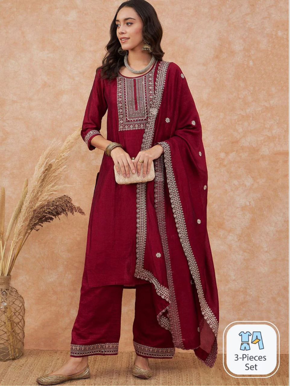 Interlacing Maroon Vichhitra Silk Embroidery Work Suit Set