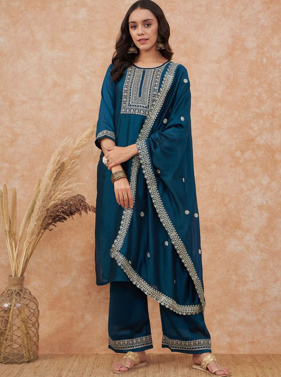 Radiant Navy Blue Vichhitra Silk Embroidery Work Suit Set