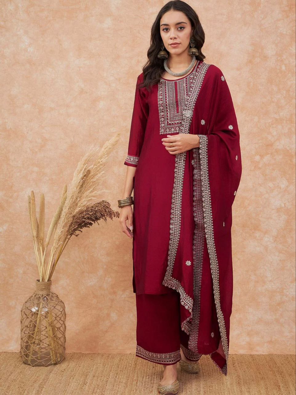 Interlacing Maroon Vichhitra Silk Embroidery Work Suit Set