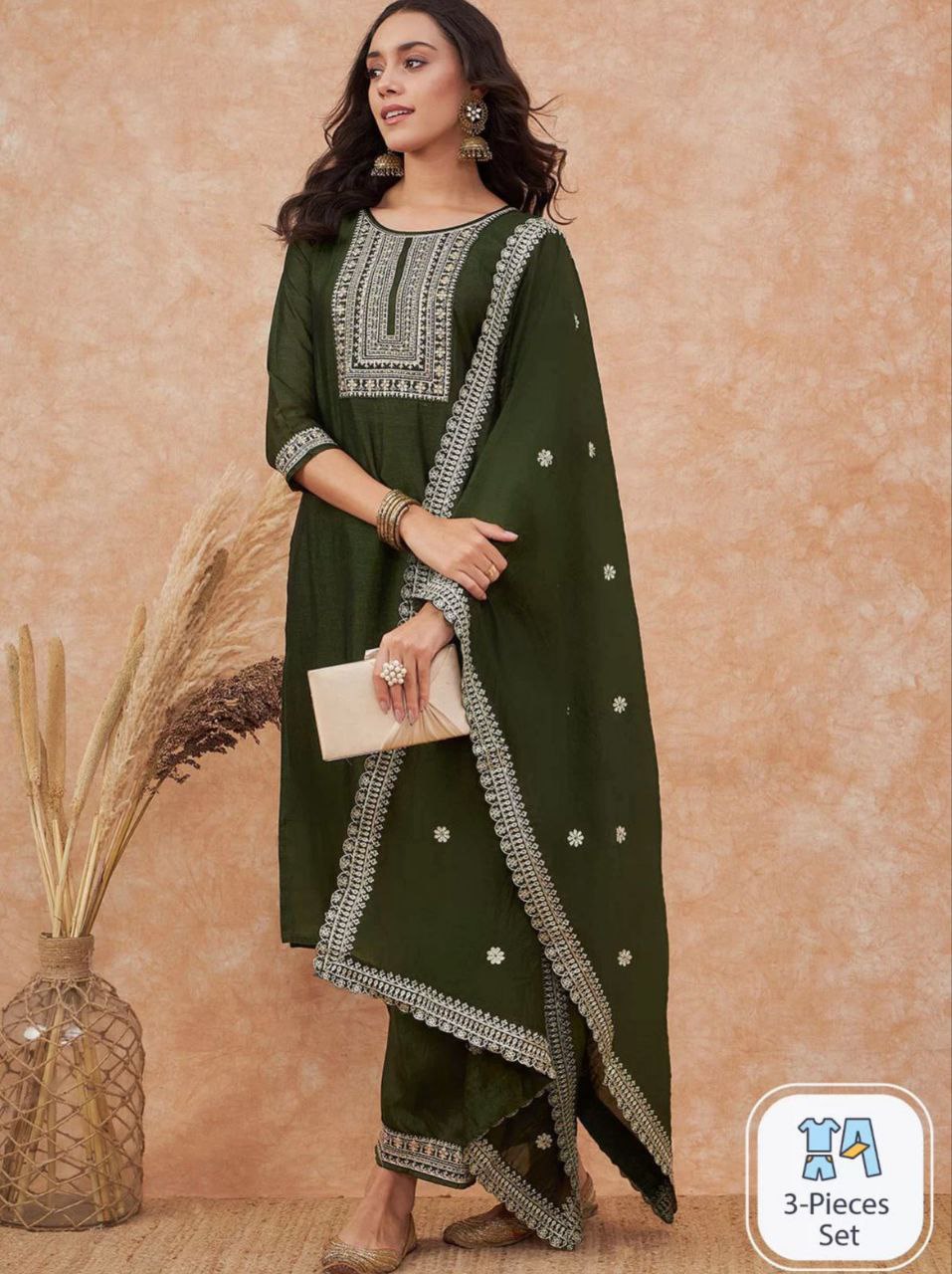 Energetic Mehandi Vichhitra Silk Embroidery Work Suit Set