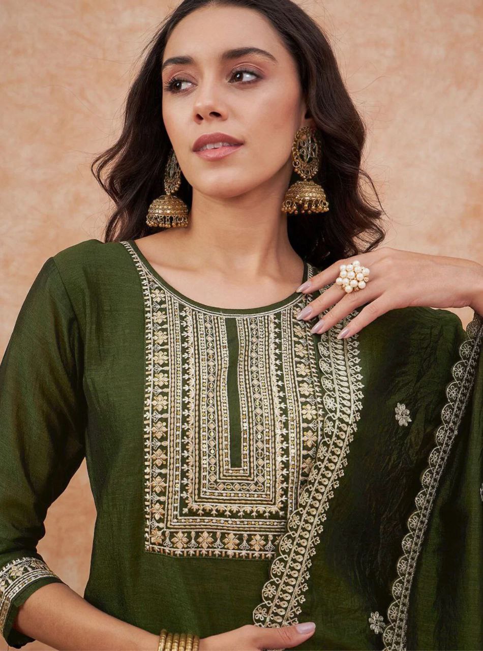Energetic Mehandi Vichhitra Silk Embroidery Work Suit Set