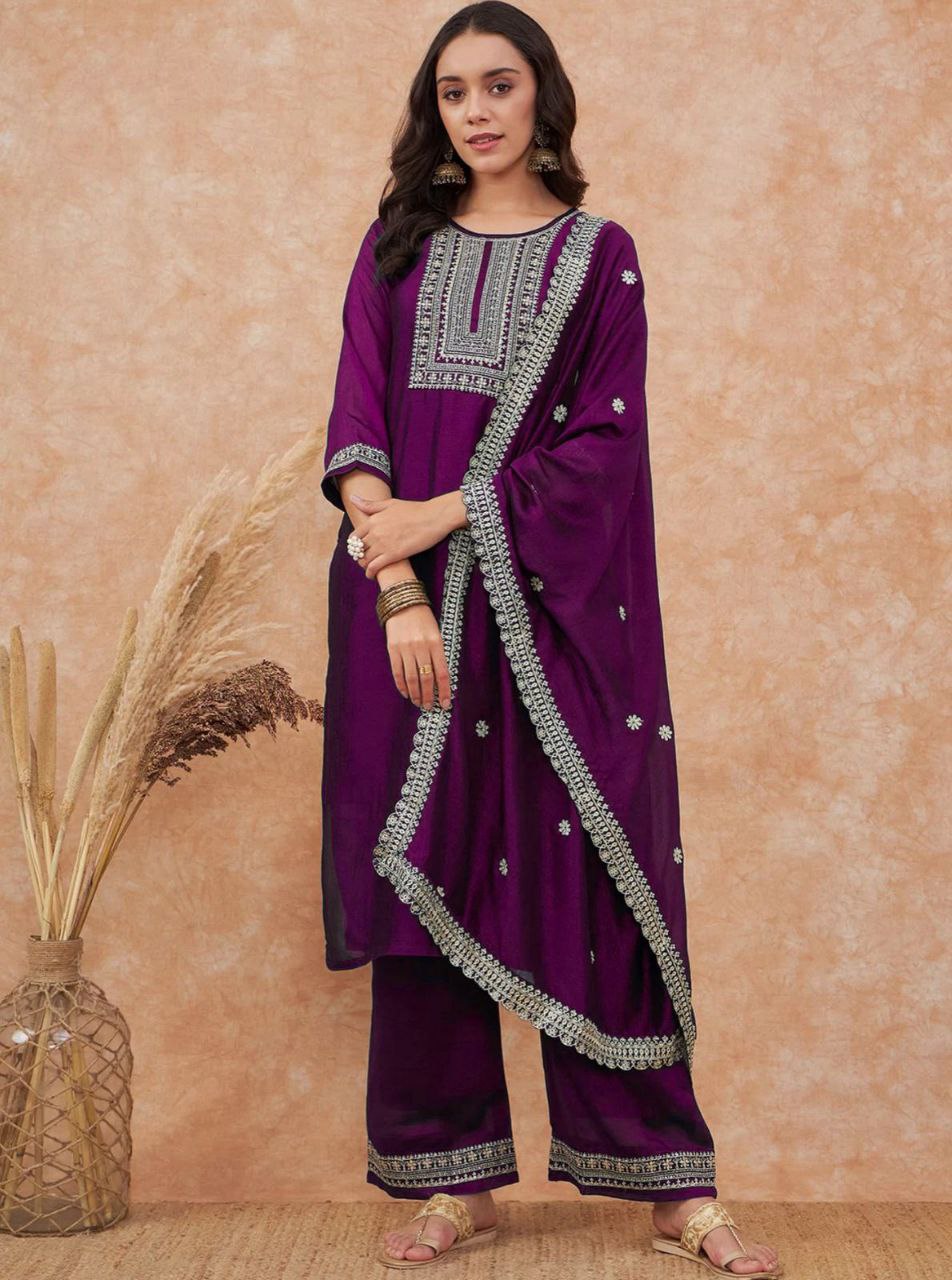 Exuberant Wine Vichhitra Silk Embroidery Work Suit Set
