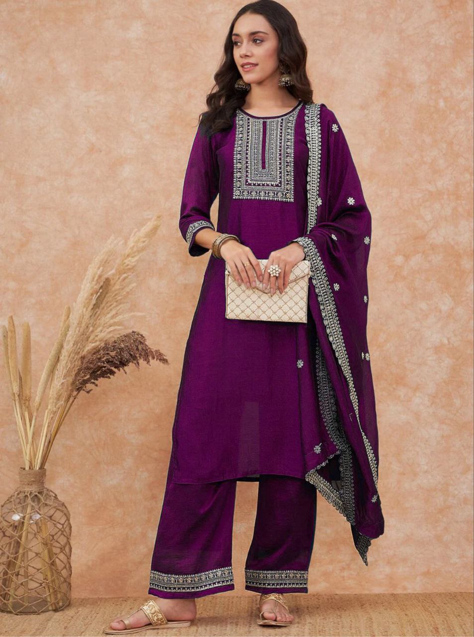 Exuberant Wine Vichhitra Silk Embroidery Work Suit Set