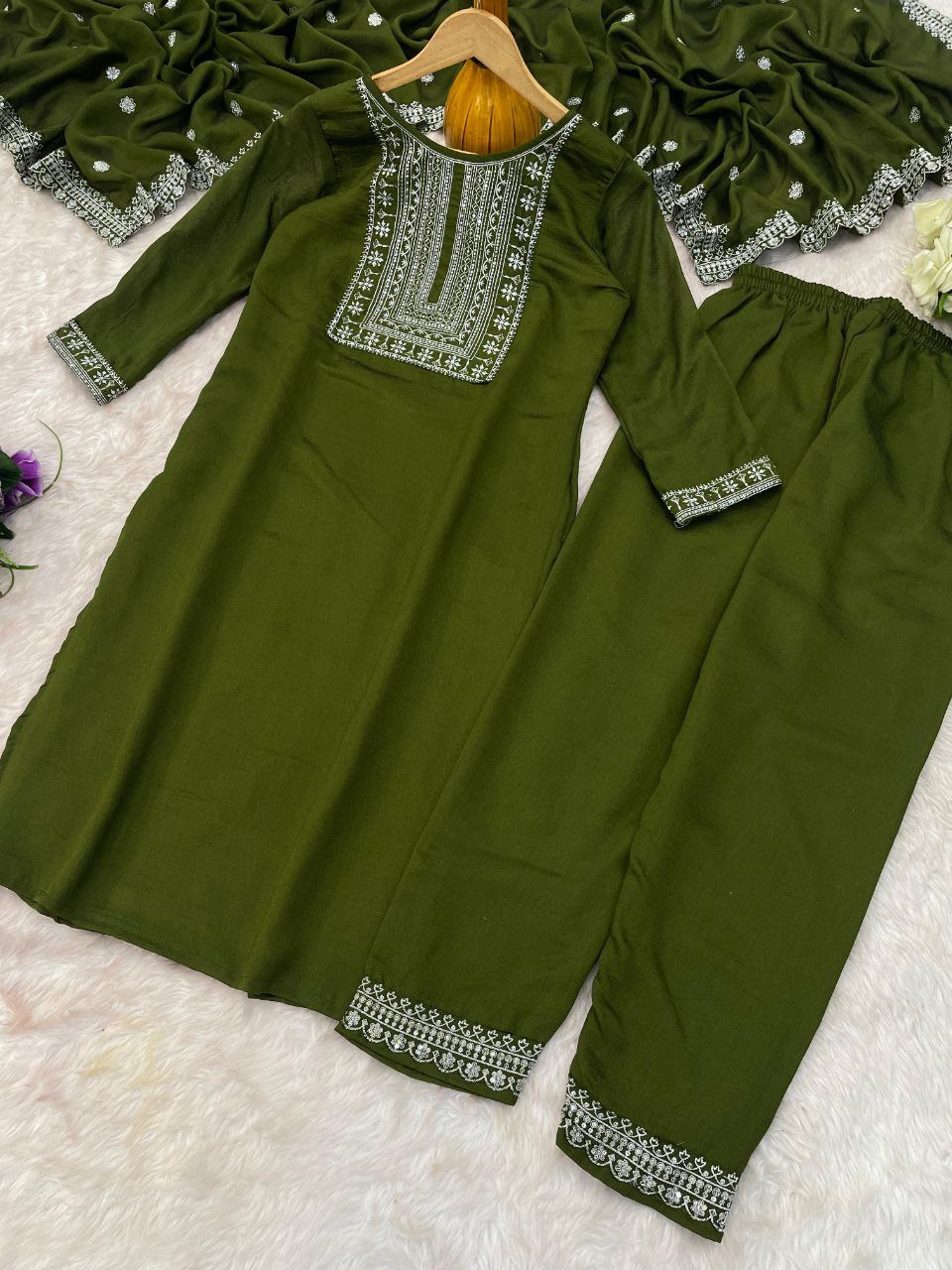Energetic Mehandi Vichhitra Silk Embroidery Work Suit Set