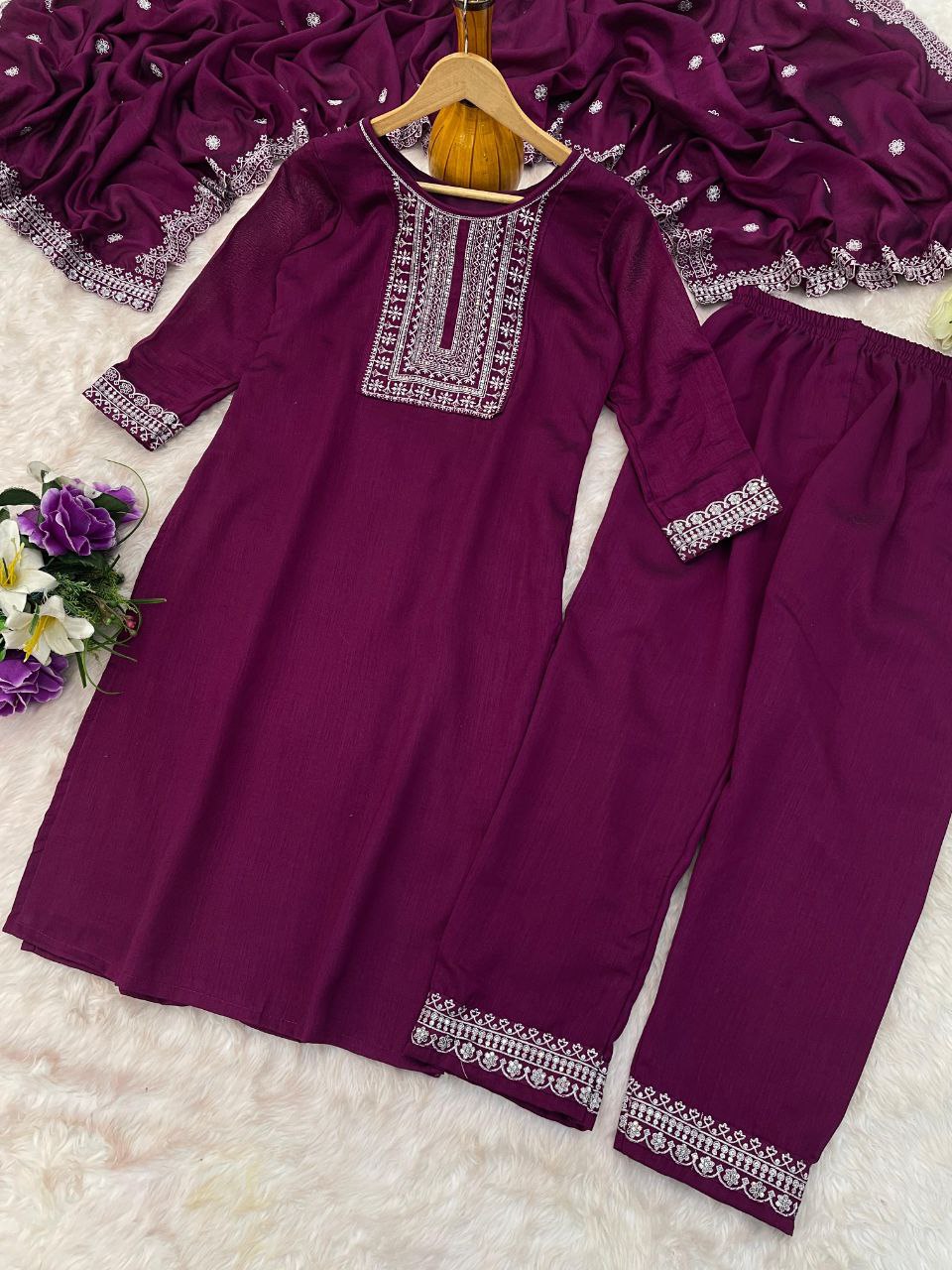 Exuberant Wine Vichhitra Silk Embroidery Work Suit Set