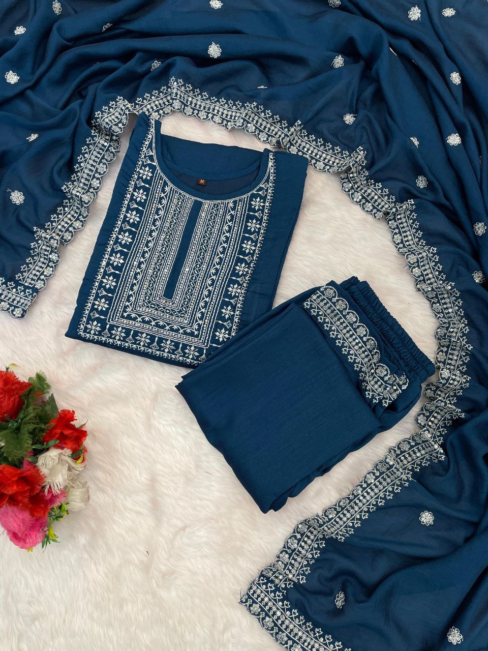 Radiant Navy Blue Vichhitra Silk Embroidery Work Suit Set