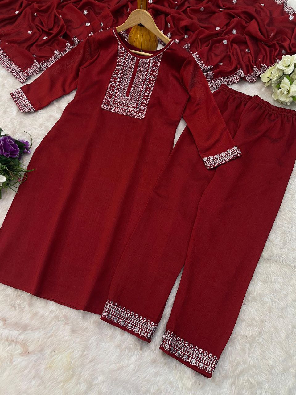 Interlacing Maroon Vichhitra Silk Embroidery Work Suit Set