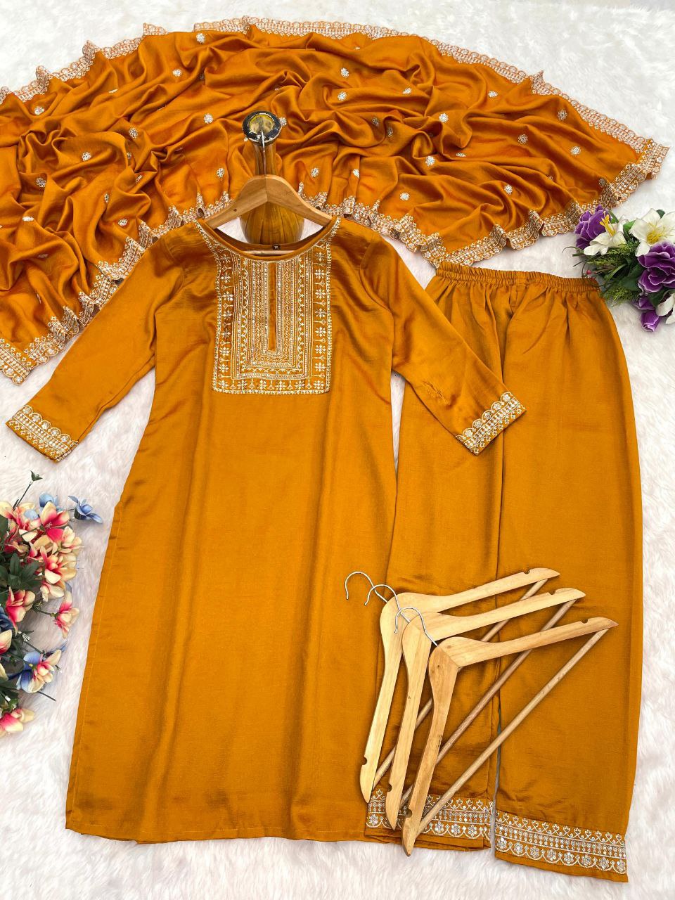 Imbrication Mustard Vichhitra Silk Embroidery Work Suit Set