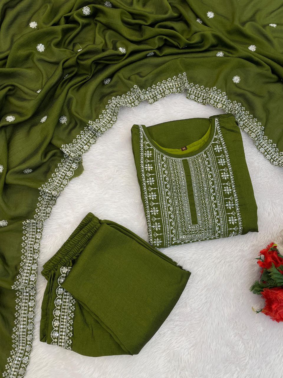 Energetic Mehandi Vichhitra Silk Embroidery Work Suit Set
