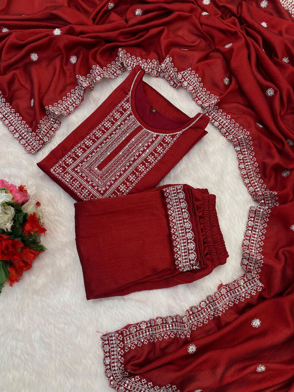 Interlacing Maroon Vichhitra Silk Embroidery Work Suit Set