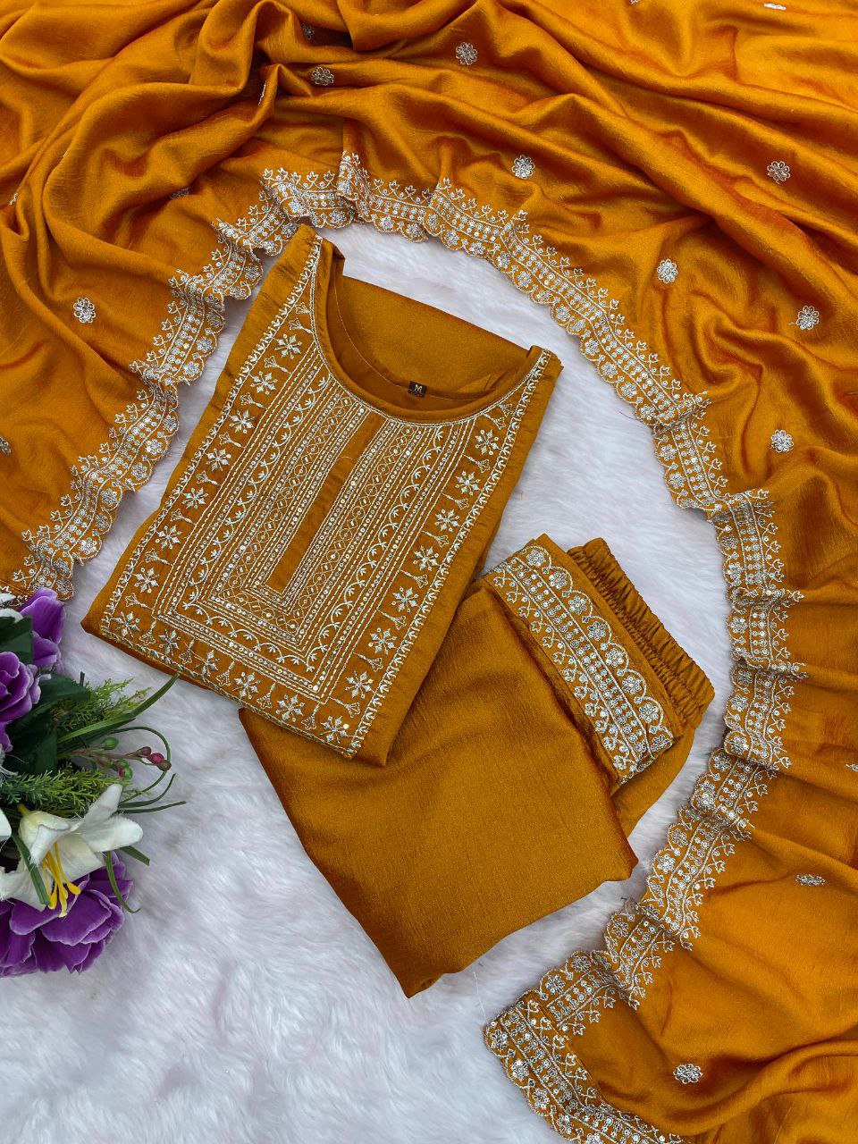 Imbrication Mustard Vichhitra Silk Embroidery Work Suit Set