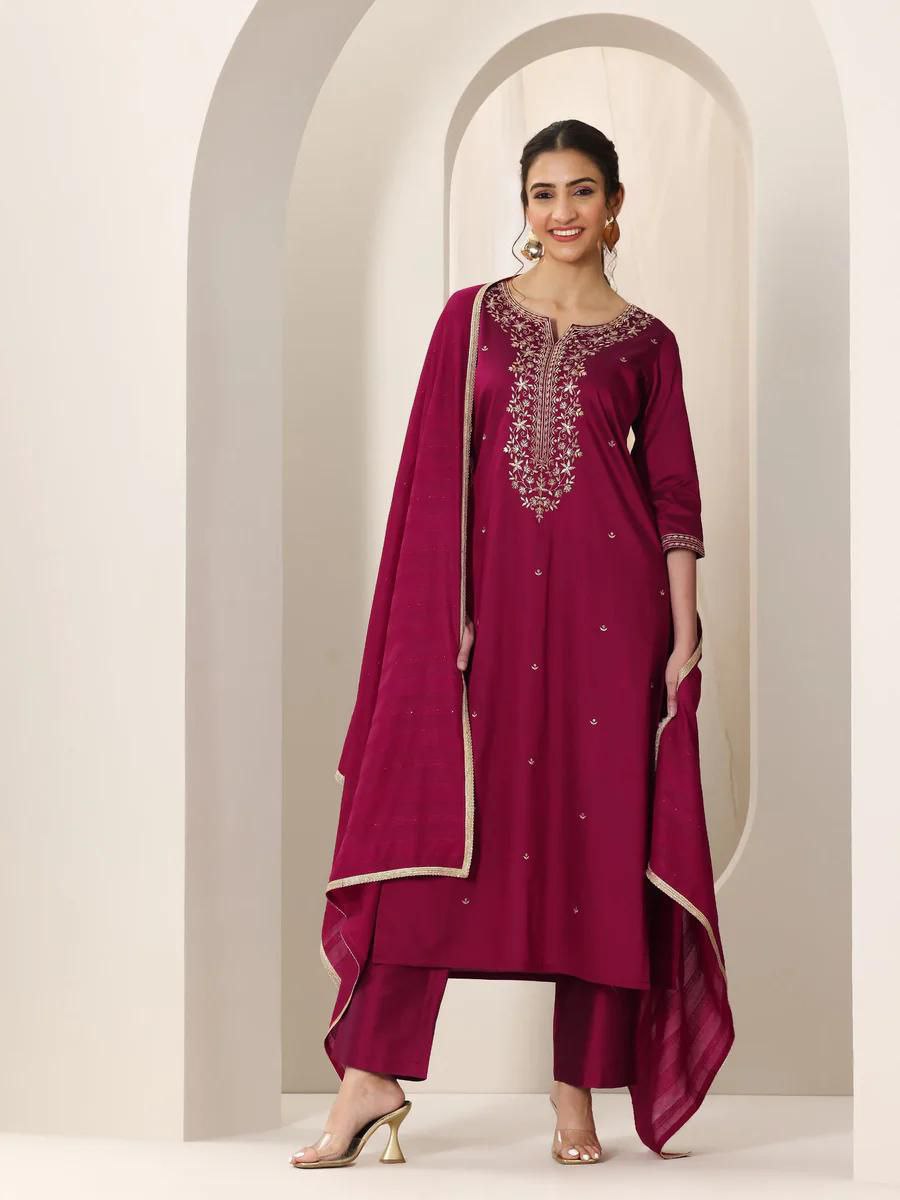 Ethereal Maroon Roman Silk Embroidery Work Suit Set