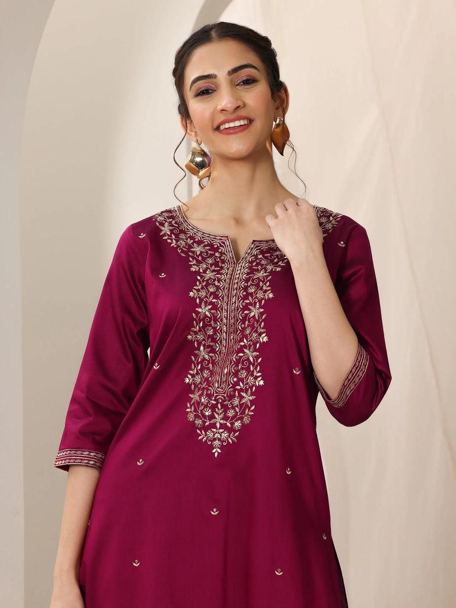 Ethereal Maroon Roman Silk Embroidery Work Suit Set