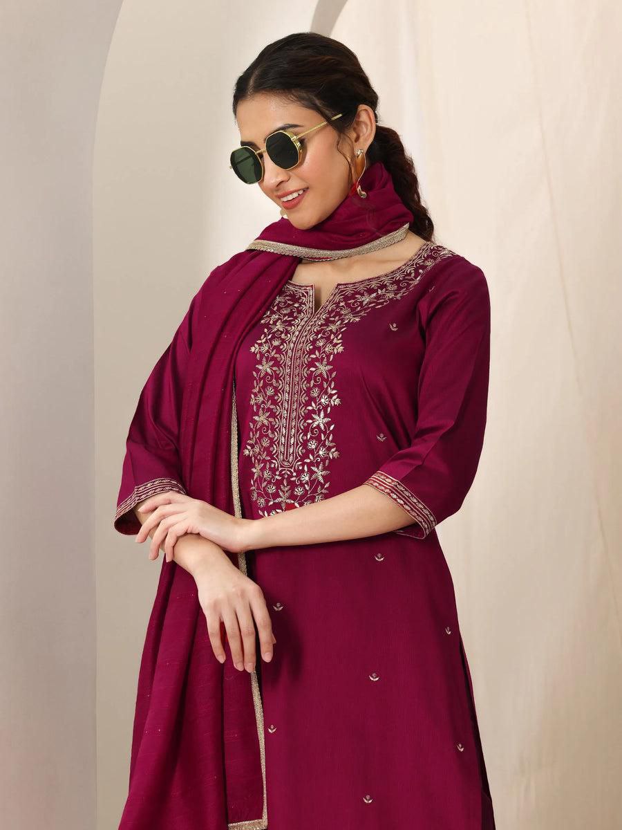 Ethereal Maroon Roman Silk Embroidery Work Suit Set