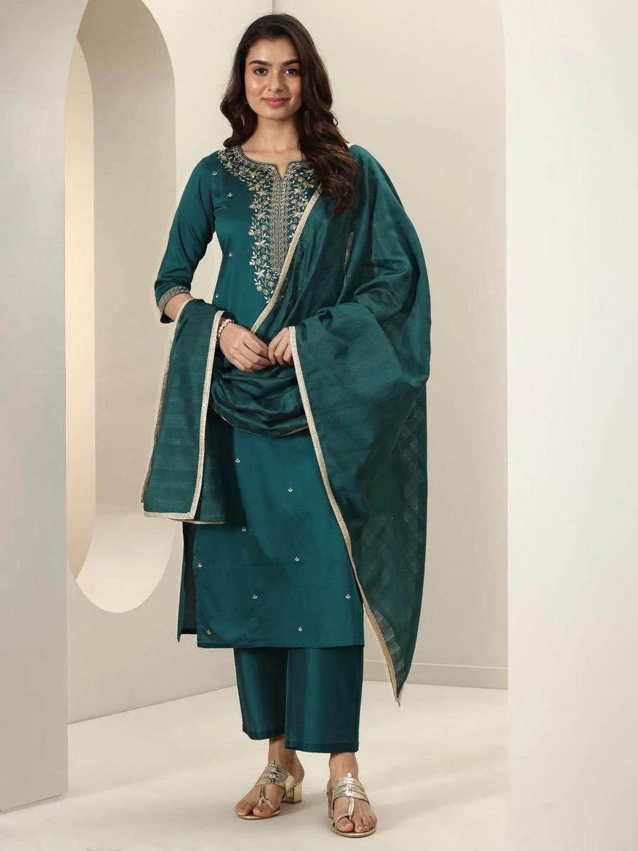 Magnificent Green Roman Silk Embroidery Work Suit Set