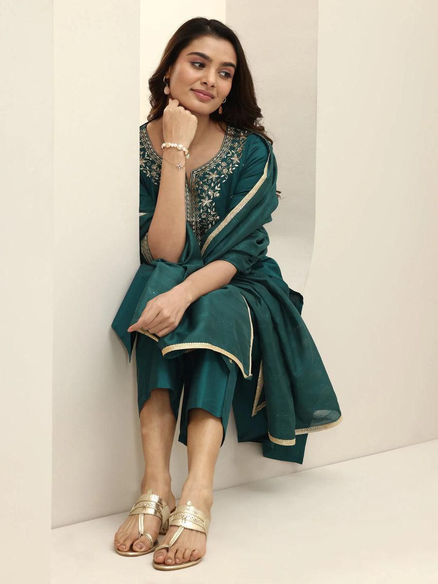 Magnificent Green Roman Silk Embroidery Work Suit Set