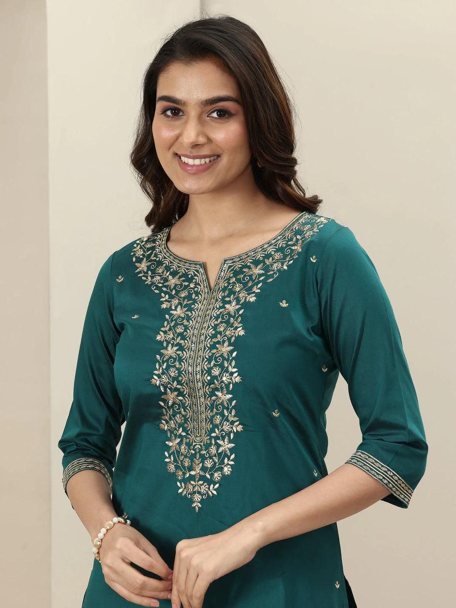Magnificent Green Roman Silk Embroidery Work Suit Set