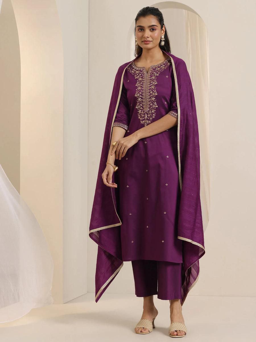 Ebullience Wine Roman Silk Embroidery Work Suit Set