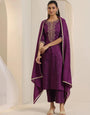 Ebullience Wine Roman Silk Embroidery Work Suit Set
