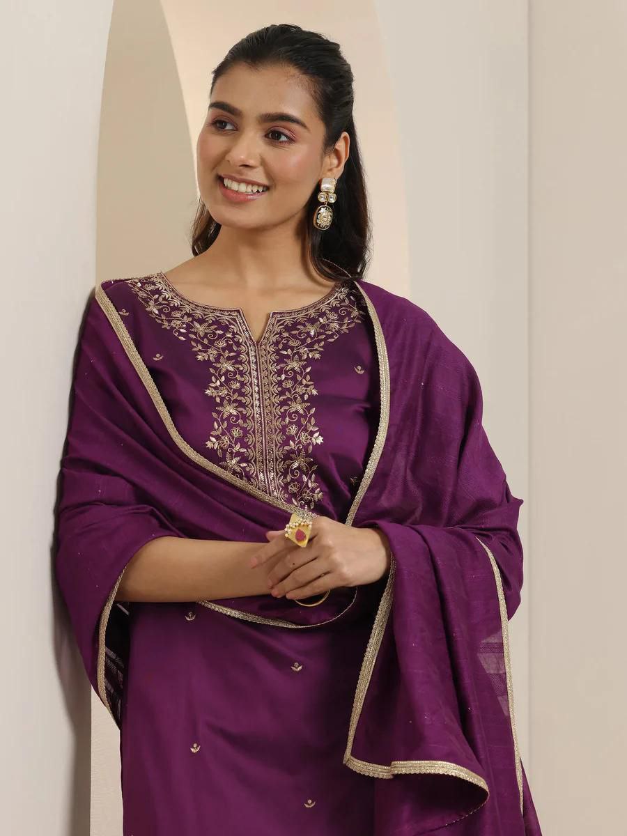Ebullience Wine Roman Silk Embroidery Work Suit Set