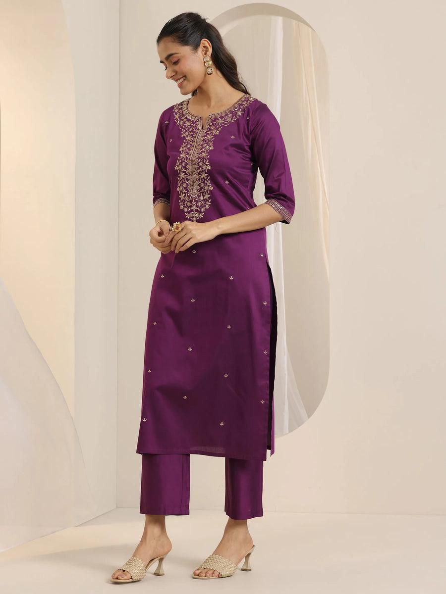 Ebullience Wine Roman Silk Embroidery Work Suit Set