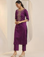 Ebullience Wine Roman Silk Embroidery Work Suit Set