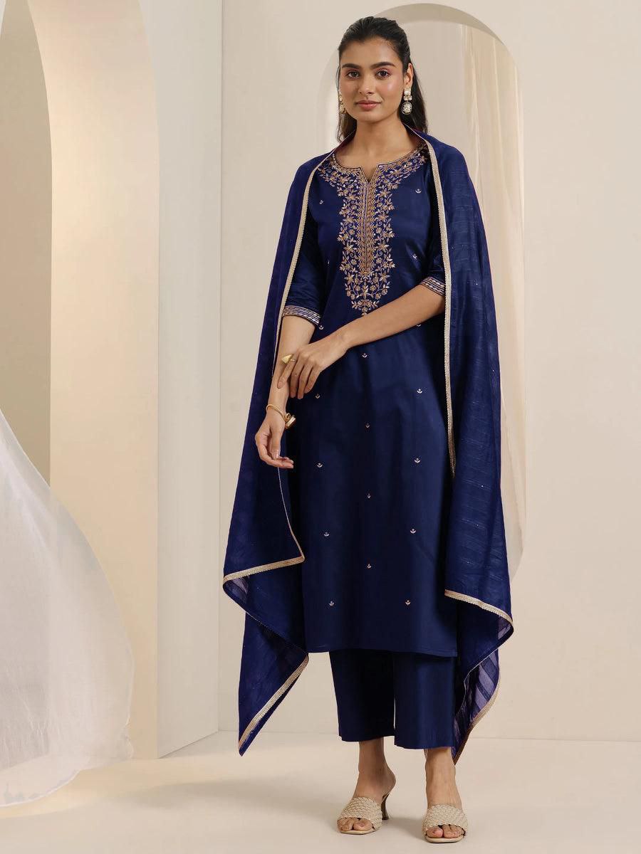 Assortment Navy Blue Roman Silk Embroidery Work Suit Set