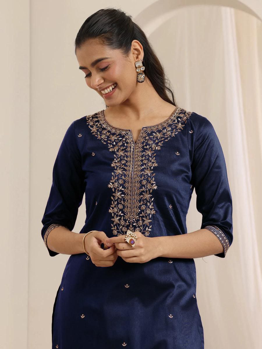 Assortment Navy Blue Roman Silk Embroidery Work Suit Set