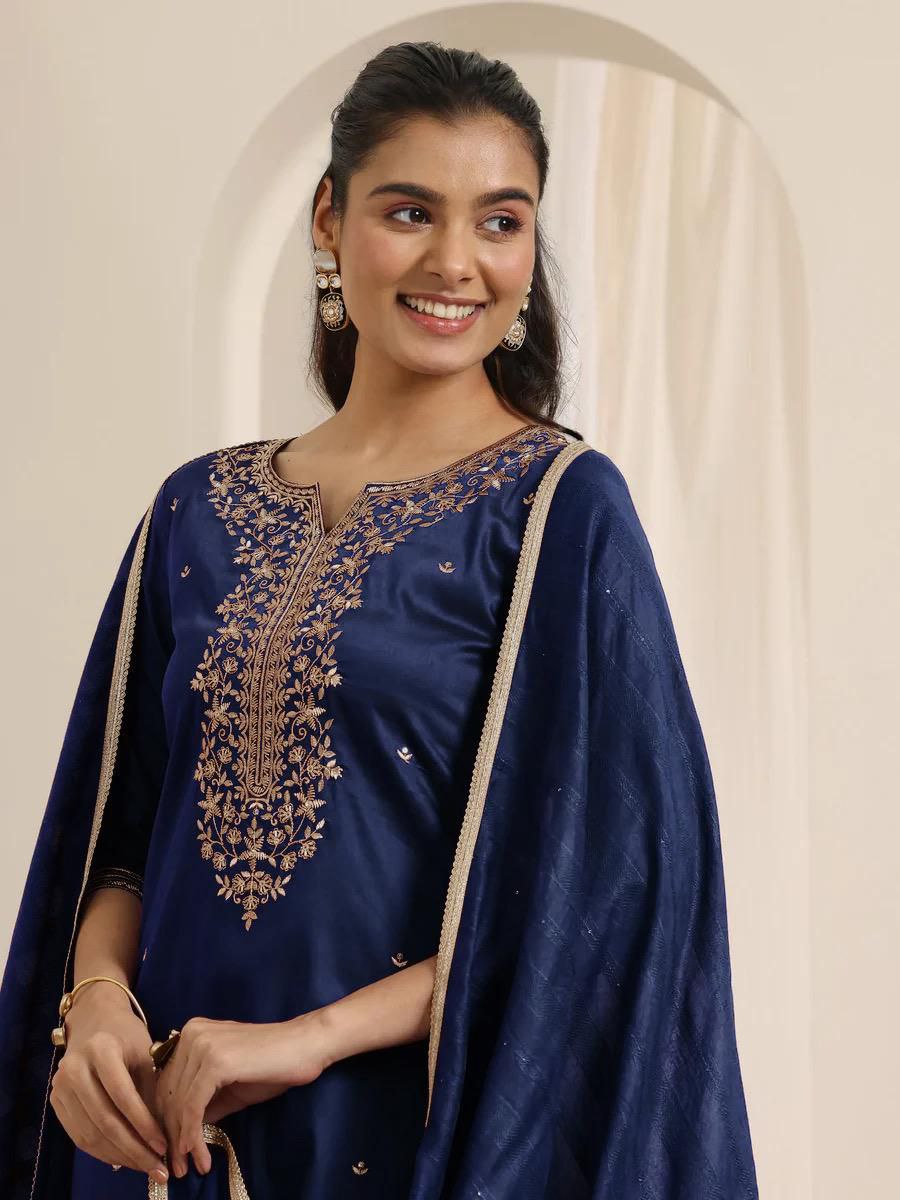 Assortment Navy Blue Roman Silk Embroidery Work Suit Set