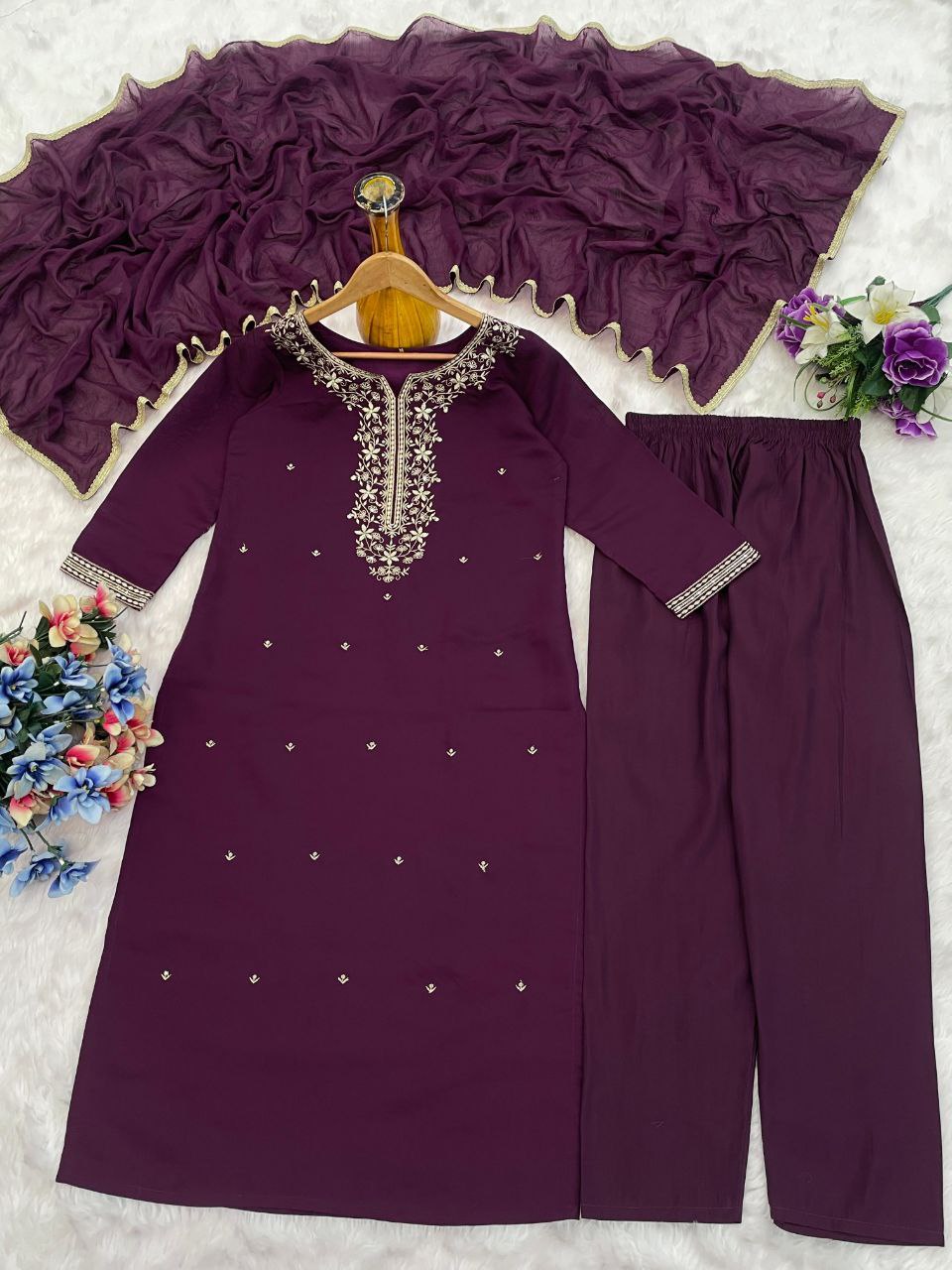 Ebullience Wine Roman Silk Embroidery Work Suit Set