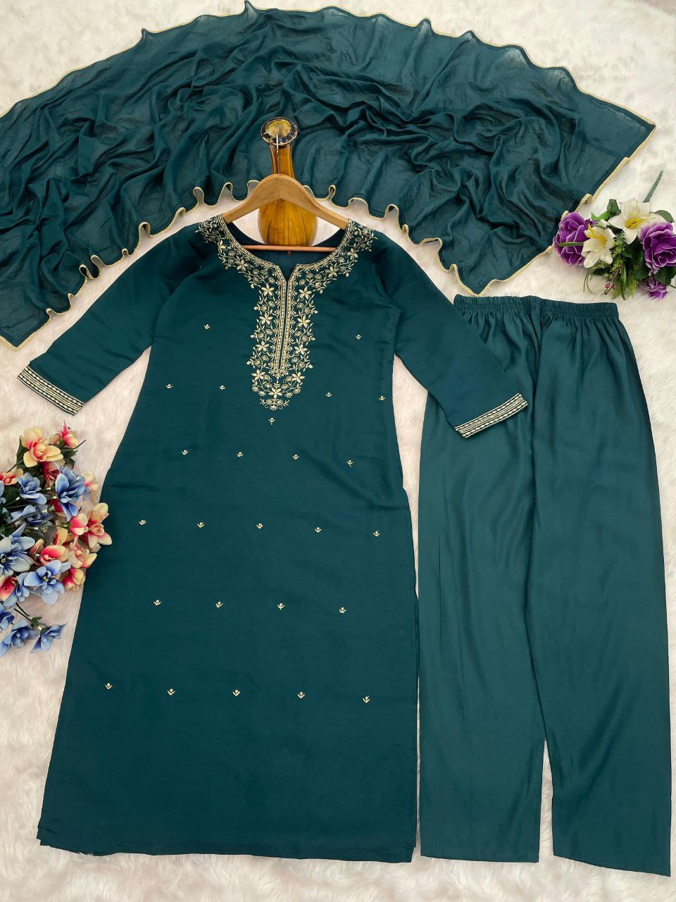 Magnificent Green Roman Silk Embroidery Work Suit Set