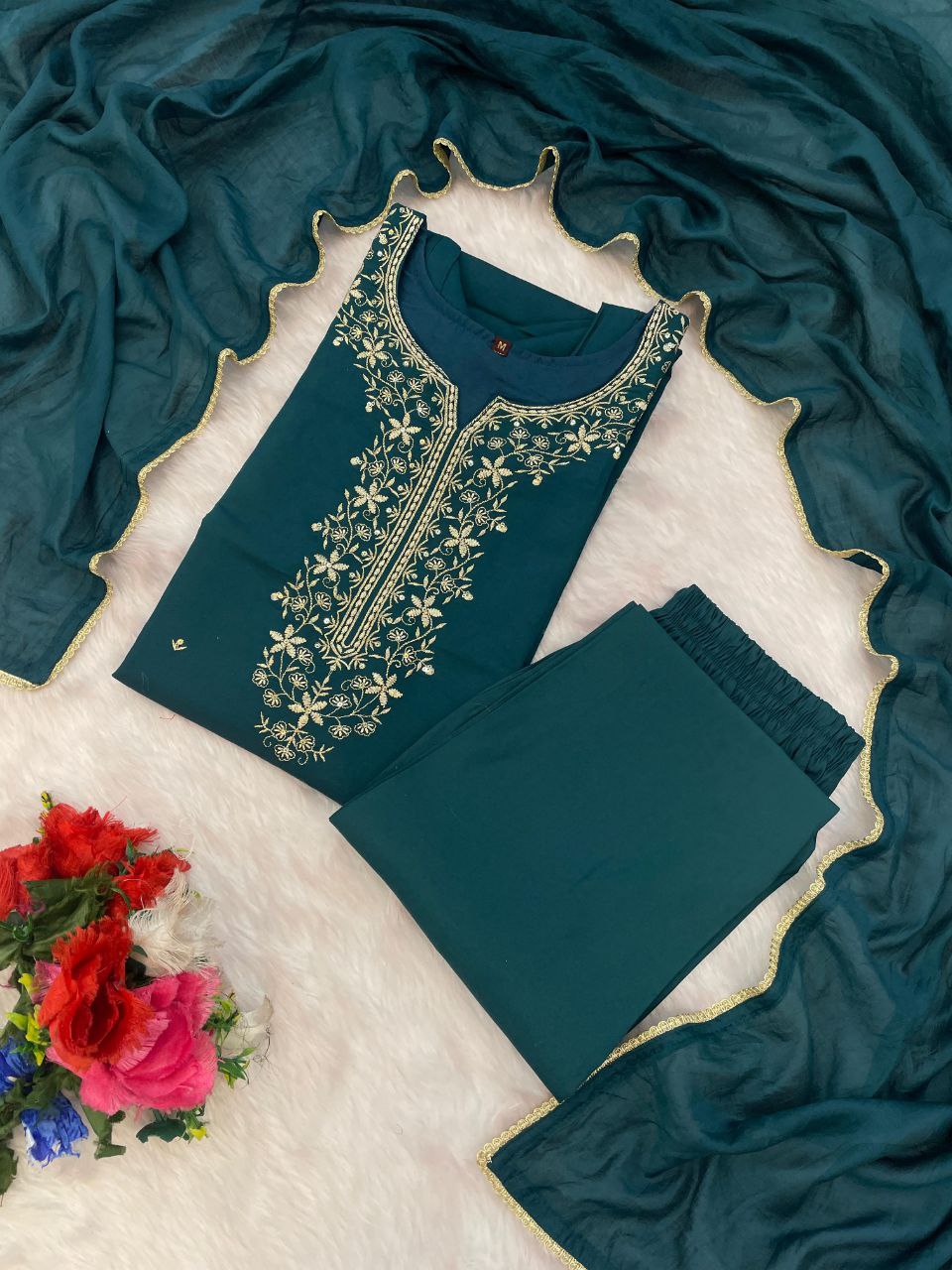 Magnificent Green Roman Silk Embroidery Work Suit Set