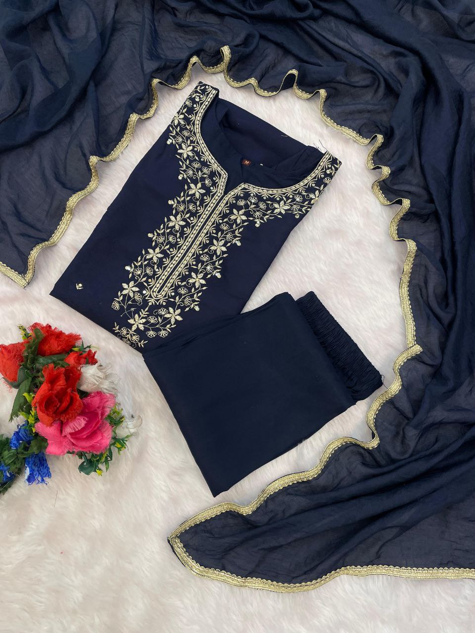 Assortment Navy Blue Roman Silk Embroidery Work Suit Set