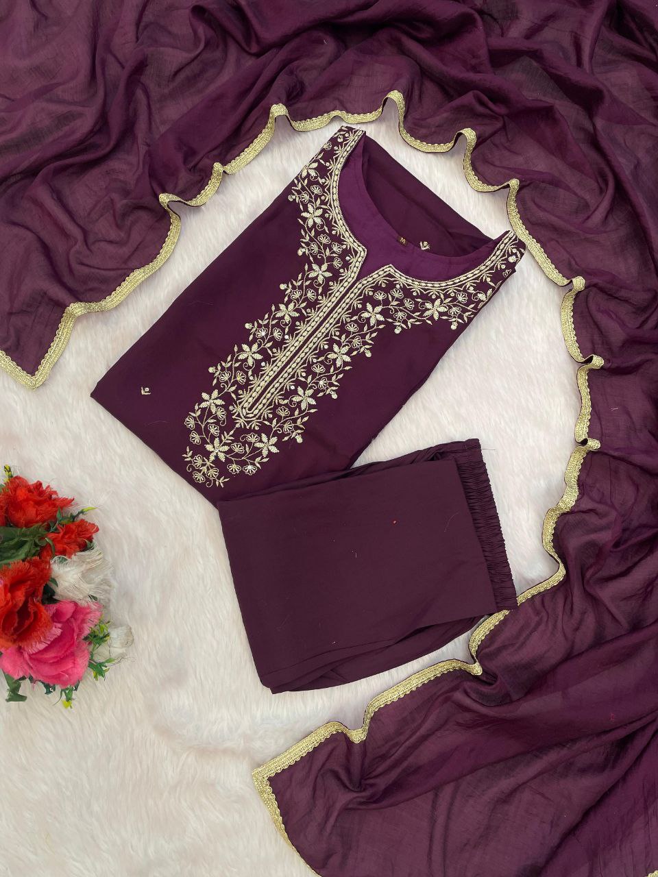 Ebullience Wine Roman Silk Embroidery Work Suit Set